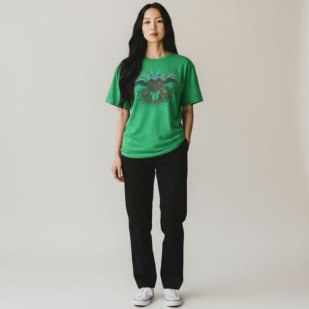 Natural Talent 100% Cotton Y2K Solid Green Graphic Crewneck Tee Shirt L